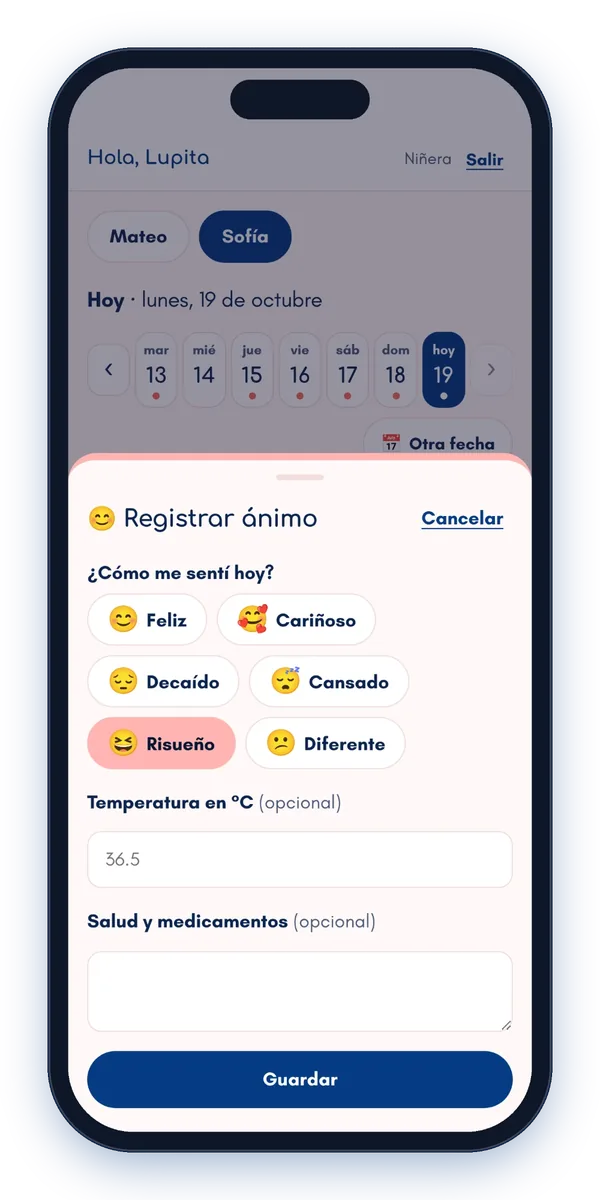 La niñera registra el ánimo de Sofía: feliz, cariñoso, cansado y otras opciones, con temperatura
